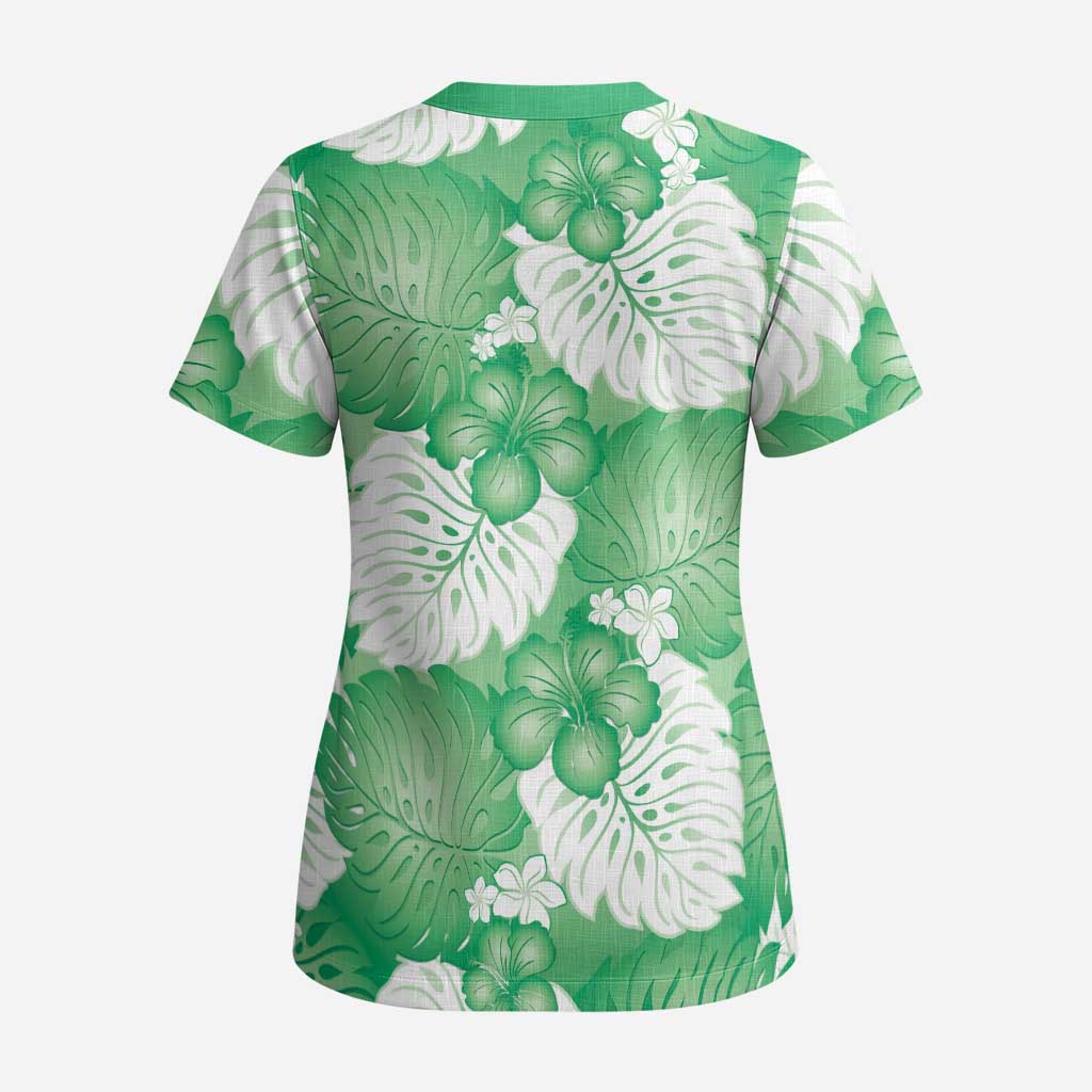 Green Aloha Hawaii Scrub Top Monstera Hibiscus Plumeria Seamless Vibes LT14 - Polynesian Pride