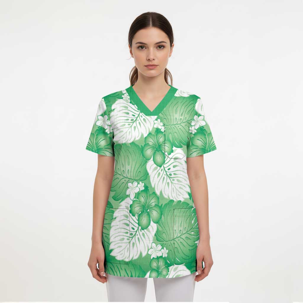 Green Aloha Hawaii Scrub Top Monstera Hibiscus Plumeria Seamless Vibes LT14 - Polynesian Pride