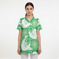 Green Aloha Hawaii Scrub Top Monstera Hibiscus Plumeria Seamless Vibes LT14 - Polynesian Pride
