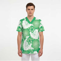 Green Aloha Hawaii Scrub Top Monstera Hibiscus Plumeria Seamless Vibes LT14 - Polynesian Pride
