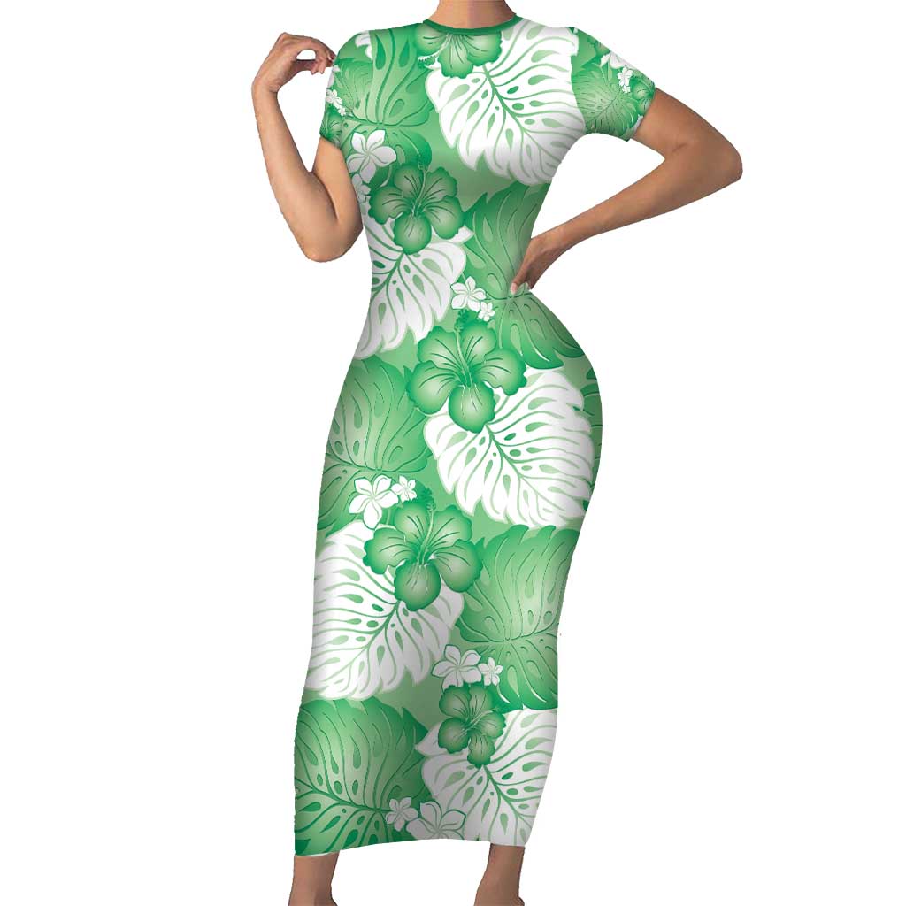 Green Aloha Hawaii Short Sleeve Bodycon Dress Monstera Hibiscus Plumeria Seamless Vibes LT14 Long Dress Green - Polynesian Pride