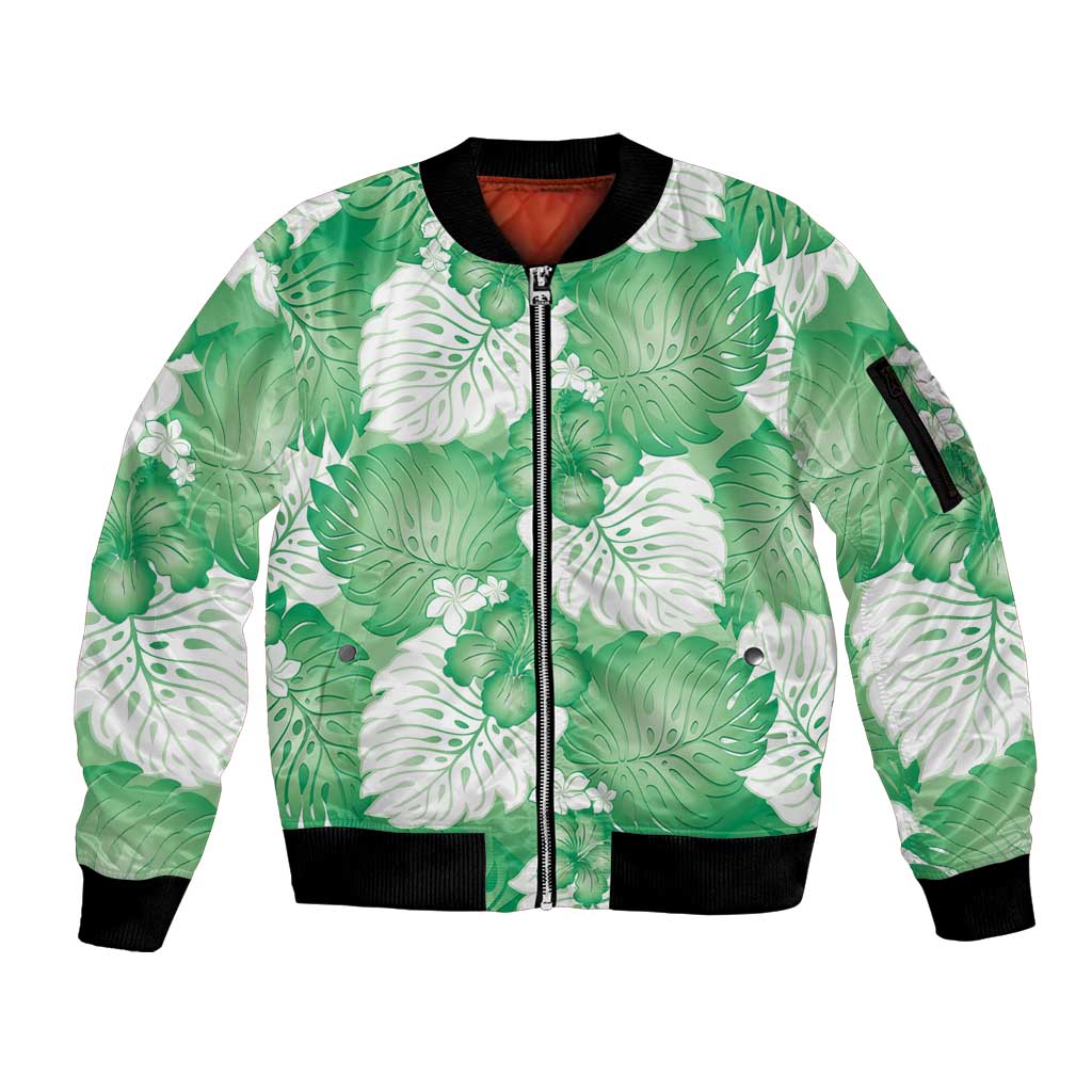 Green Aloha Hawaii Sleeve Zip Bomber Jacket Monstera Hibiscus Plumeria Seamless Vibes LT14 Unisex Green - Polynesian Pride
