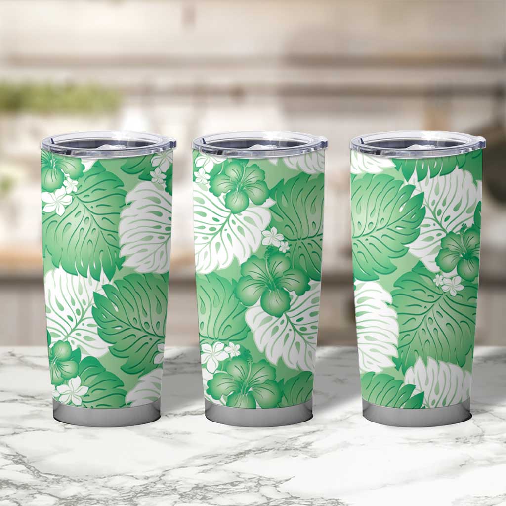 Green Aloha Hawaii Tumbler Cup Monstera Hibiscus Plumeria Seamless Vibes LT14 - Polynesian Pride