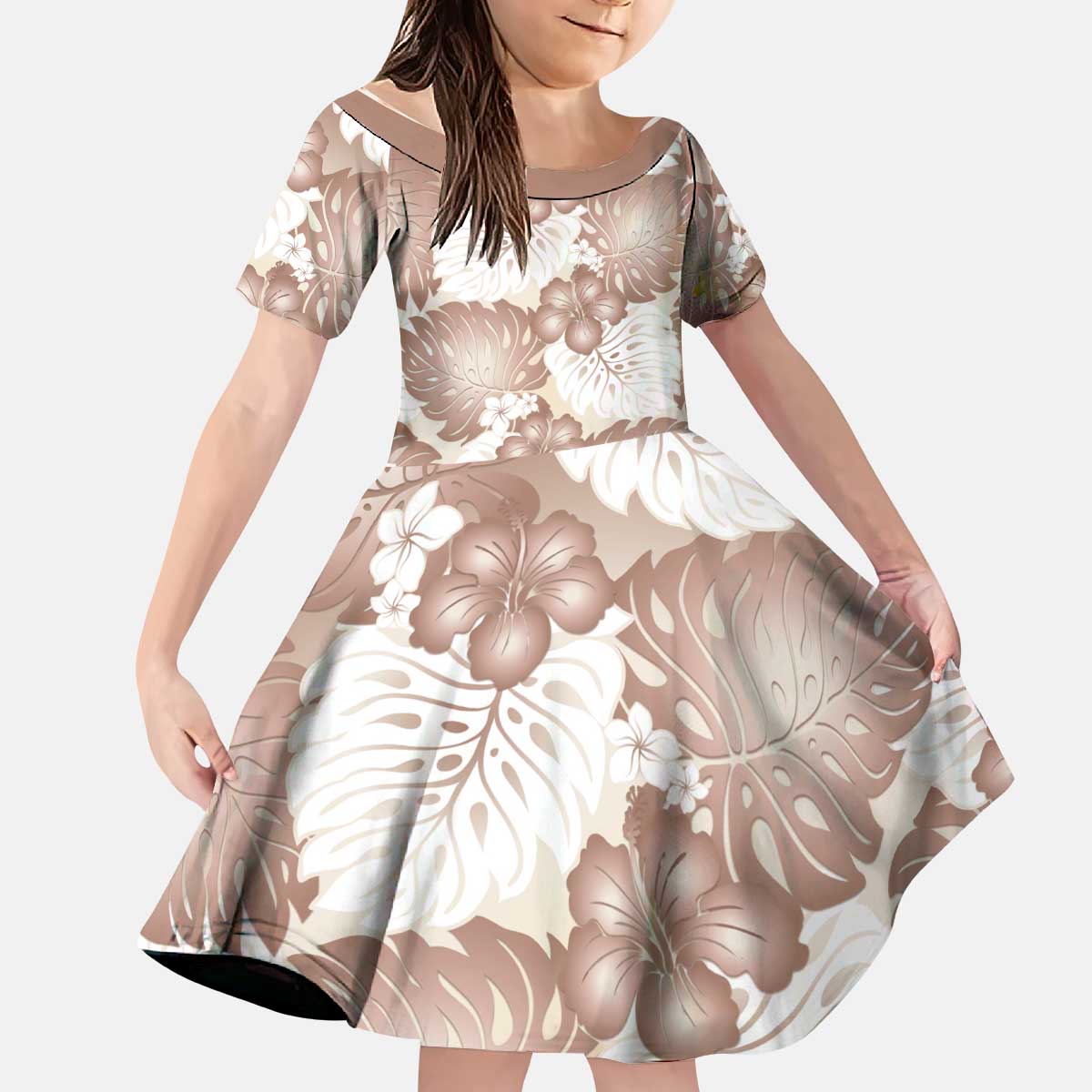 Mocha Mousse Aloha Hawaii Kid Short Sleeve Dress Monstera Hibiscus Plumeria Seamless Vibes LT14 KID Mocha Mousse - Polynesian Pride