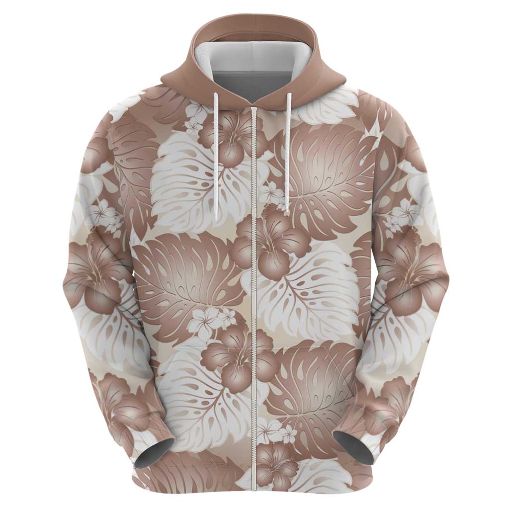 Mocha Mousse Aloha Hawaii Zip Hoodie Monstera Hibiscus Plumeria Seamless Vibes LT14 - Polynesian Pride