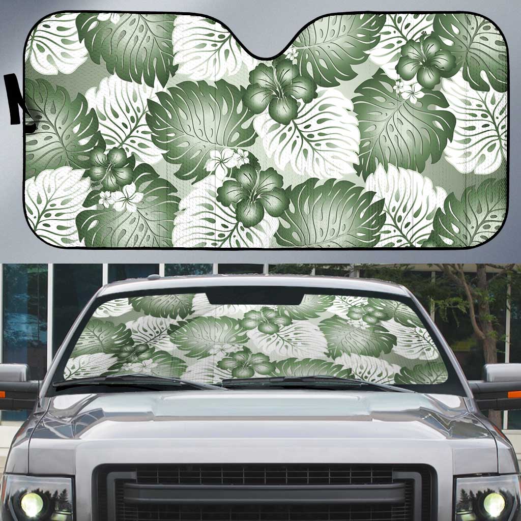 Sage Green Aloha Hawaii Auto Sun Shade Monstera Hibiscus Plumeria Seamless Vibes LT14 Sage Green - Polynesian Pride