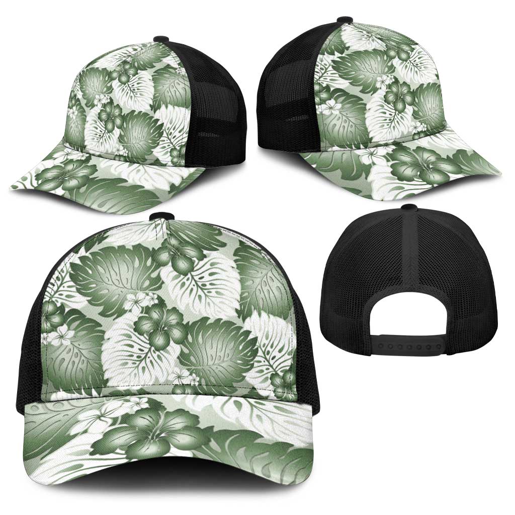 Sage Green Aloha Hawaii Baseball Net Cap Monstera Hibiscus Plumeria Seamless Vibes LT14 - Polynesian Pride