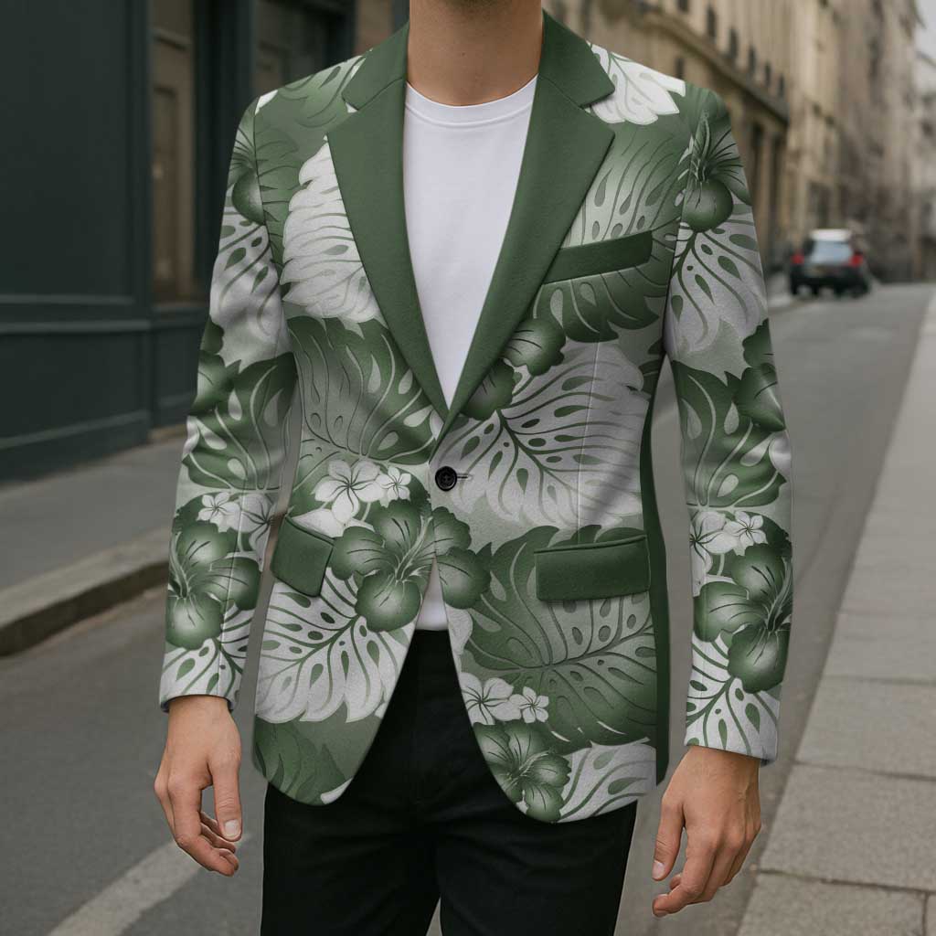 Sage Green Aloha Hawaii Blazer Monstera Hibiscus Plumeria Seamless Vibes LT14 - Polynesian Pride