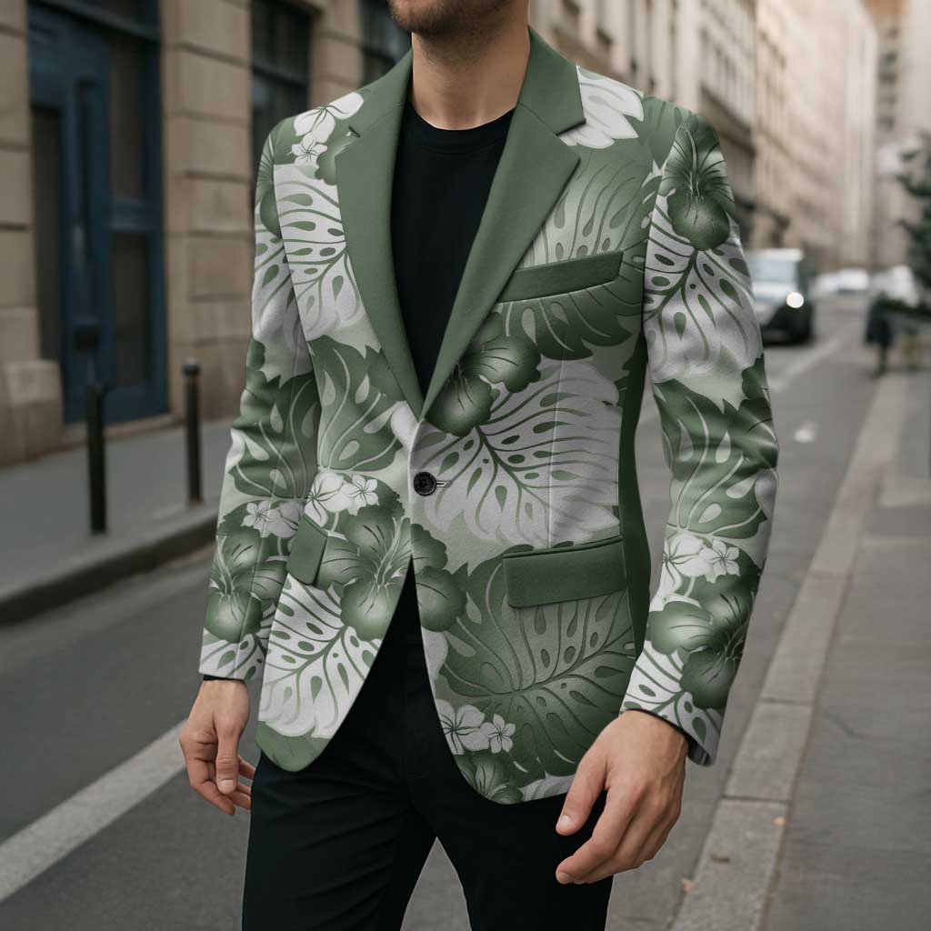 Sage Green Aloha Hawaii Blazer Monstera Hibiscus Plumeria Seamless Vibes LT14 - Polynesian Pride