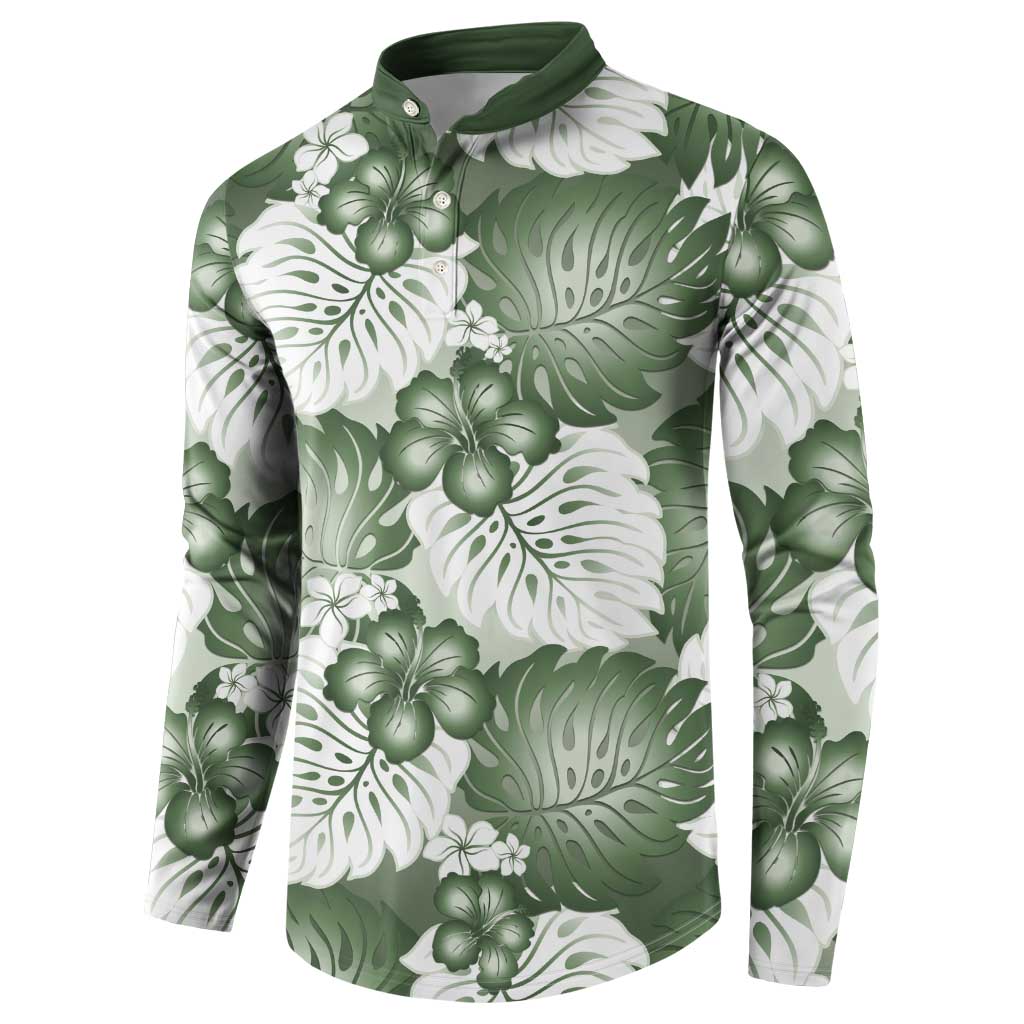 Sage Green Aloha Hawaii Button Sweatshirt Monstera Hibiscus Plumeria Seamless Vibes LT14 - Polynesian Pride