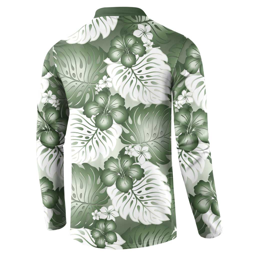 Sage Green Aloha Hawaii Button Sweatshirt Monstera Hibiscus Plumeria Seamless Vibes LT14 - Polynesian Pride