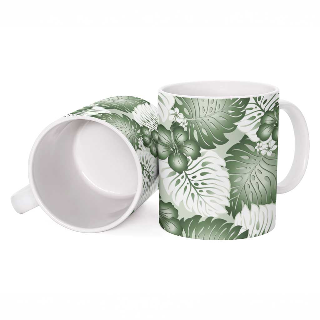 Sage Green Aloha Hawaii Ceramic Mug Monstera Hibiscus Plumeria Seamless Vibes LT14 - Polynesian Pride