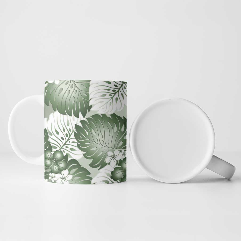Sage Green Aloha Hawaii Ceramic Mug Monstera Hibiscus Plumeria Seamless Vibes LT14 - Polynesian Pride