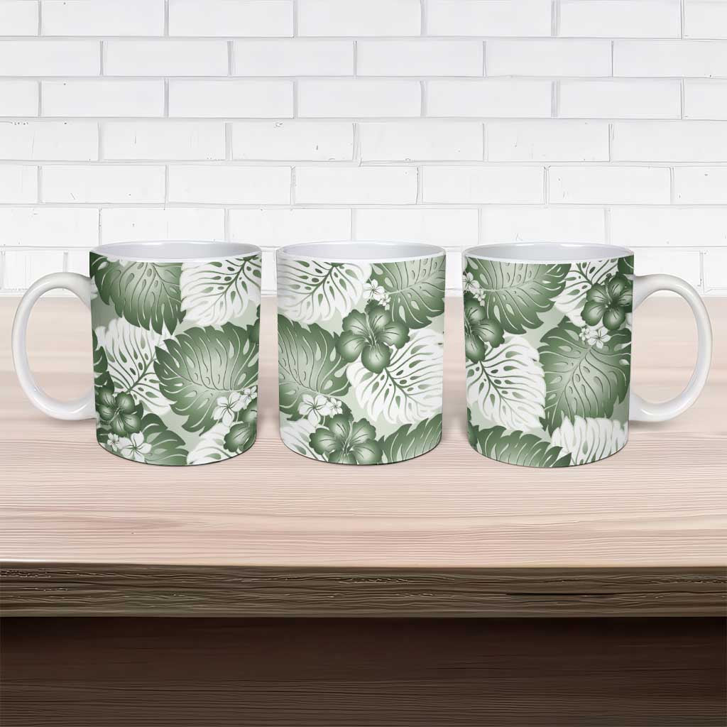Sage Green Aloha Hawaii Ceramic Mug Monstera Hibiscus Plumeria Seamless Vibes LT14 - Polynesian Pride