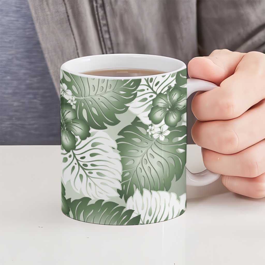 Sage Green Aloha Hawaii Ceramic Mug Monstera Hibiscus Plumeria Seamless Vibes LT14 - Polynesian Pride