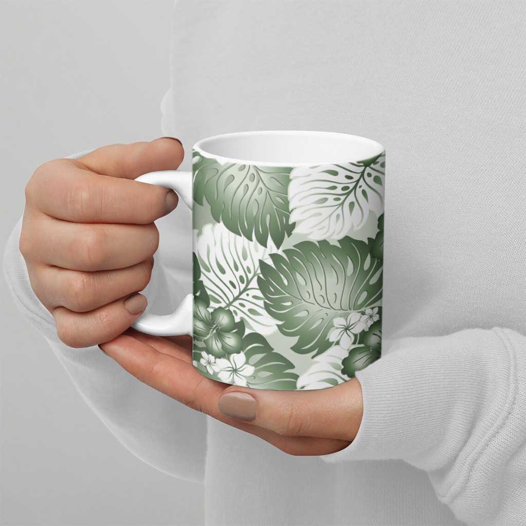 Sage Green Aloha Hawaii Ceramic Mug Monstera Hibiscus Plumeria Seamless Vibes LT14 - Polynesian Pride
