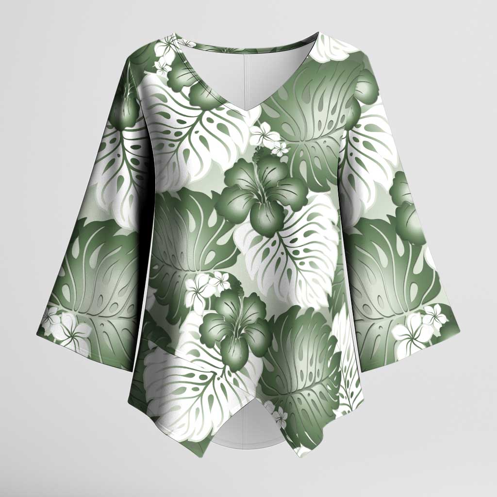 Sage Green Aloha Hawaii Kimono Sleeve Blouse Monstera Hibiscus Plumeria Seamless Vibes LT14 Female Sage Green - Polynesian Pride