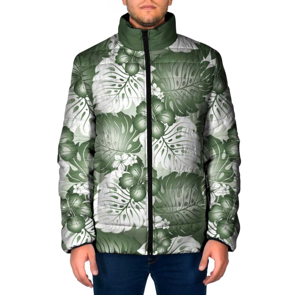 Sage Green Aloha Hawaii Padded Jacket Monstera Hibiscus Plumeria Seamless Vibes LT14 Men Sage Green - Polynesian Pride