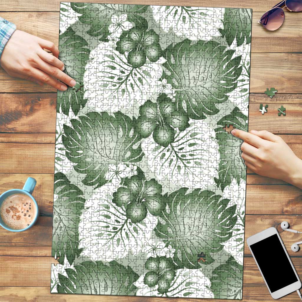 Sage Green Aloha Hawaii Puzzle Monstera Hibiscus Plumeria Seamless Vibes LT14 Sage Green - Polynesian Pride