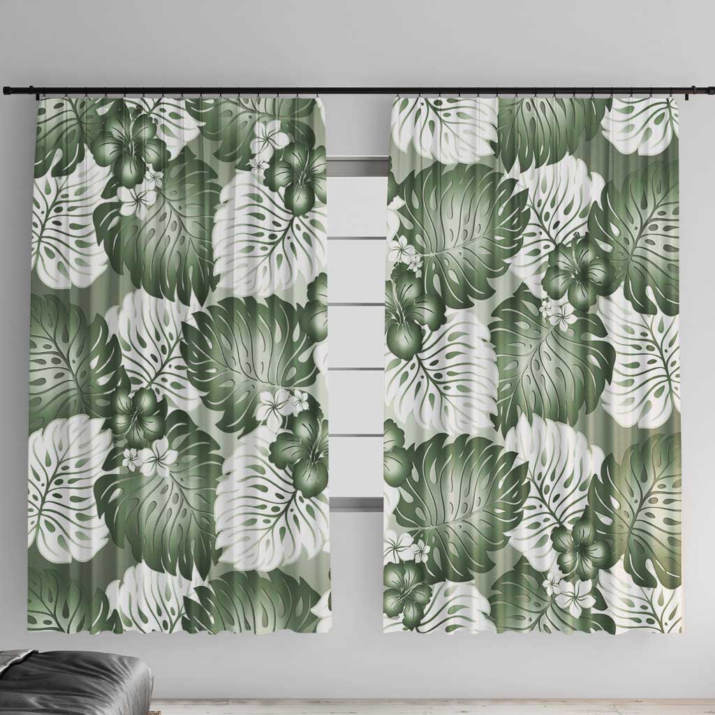 Sage Green Aloha Hawaii Window Curtain Monstera Hibiscus Plumeria Seamless Vibes LT14 With Hooks Sage Green - Polynesian Pride