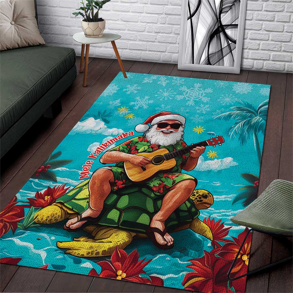 Hawaii Christmas Area Rug Mele Kalikimaka Poinsettia Lei - Cyan