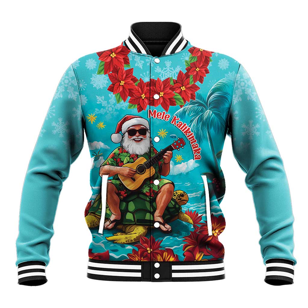Hawaii Christmas Baseball Jacket Mele Kalikimaka Poinsettia Lei - Cyan LT14 Unisex Cyan - Polynesian Pride