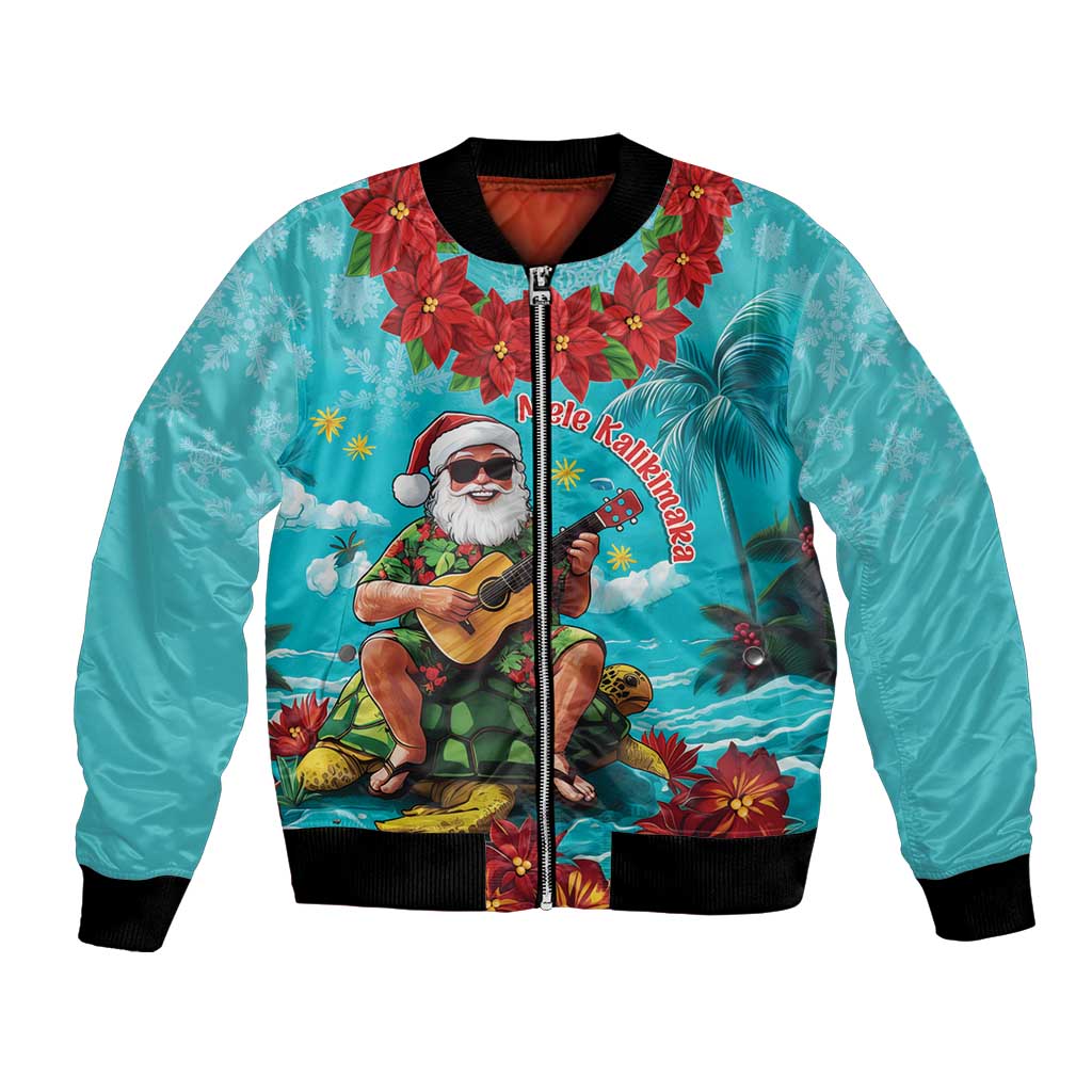 Hawaii Christmas Bomber Jacket Mele Kalikimaka Poinsettia Lei - Cyan LT14 Unisex Cyan - Polynesian Pride