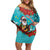 Hawaii Christmas Family Matching Off Shoulder Short Dress and Hawaiian Shirt Mele Kalikimaka Poinsettia Lei - Cyan