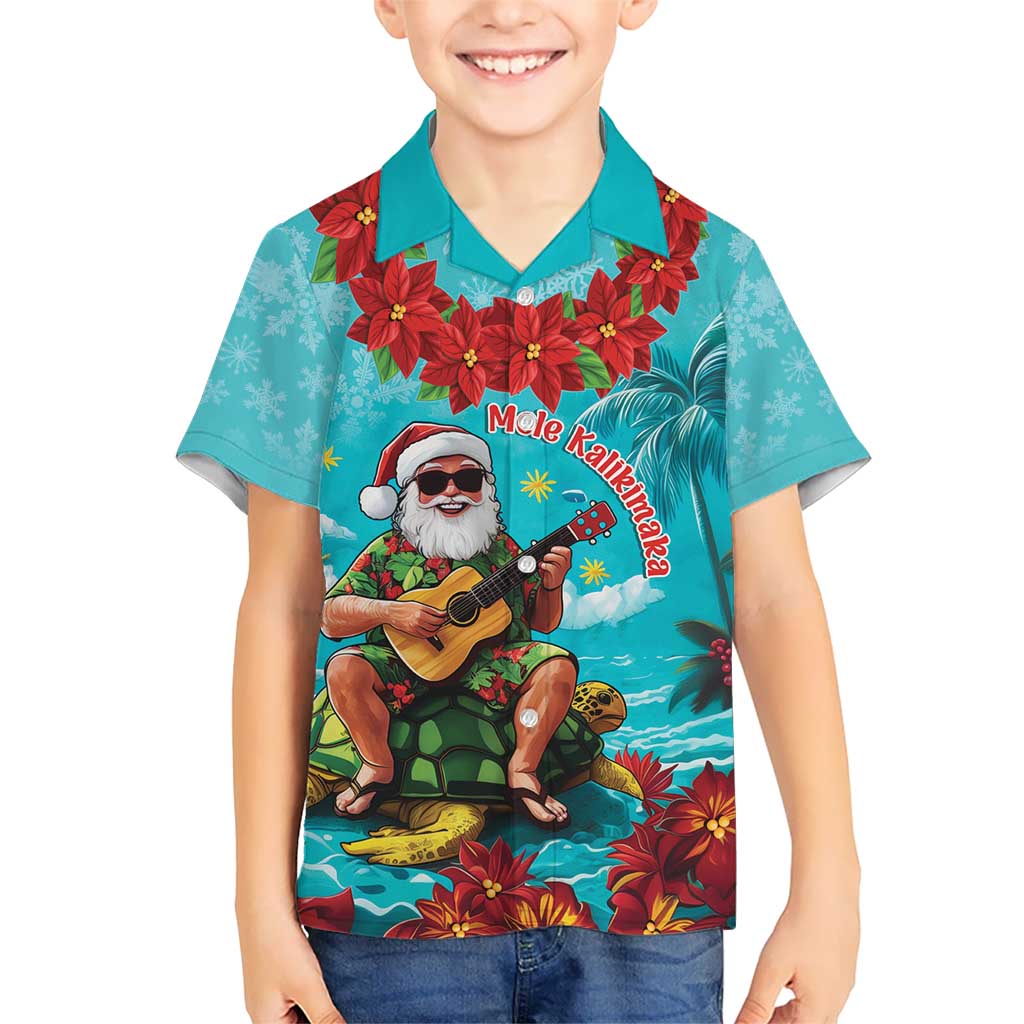 Hawaii Christmas Kid Hawaiian Shirt Mele Kalikimaka Poinsettia Lei - Cyan LT14 Kid Cyan - Polynesian Pride