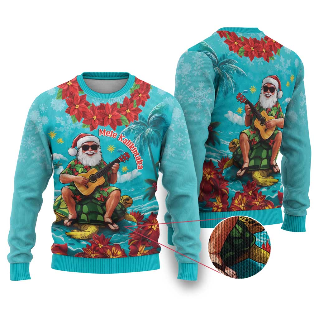 Hawaii Christmas Ugly Christmas Sweater Mele Kalikimaka Poinsettia Lei - Cyan LT14 Cyan - Polynesian Pride