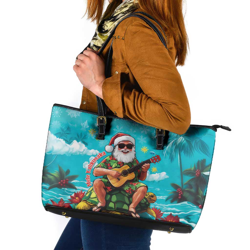Hawaii Christmas Leather Tote Bag Mele Kalikimaka Poinsettia Lei - Cyan LT14 Cyan - Polynesian Pride