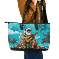 Hawaii Christmas Leather Tote Bag Mele Kalikimaka Poinsettia Lei - Cyan LT14 - Polynesian Pride