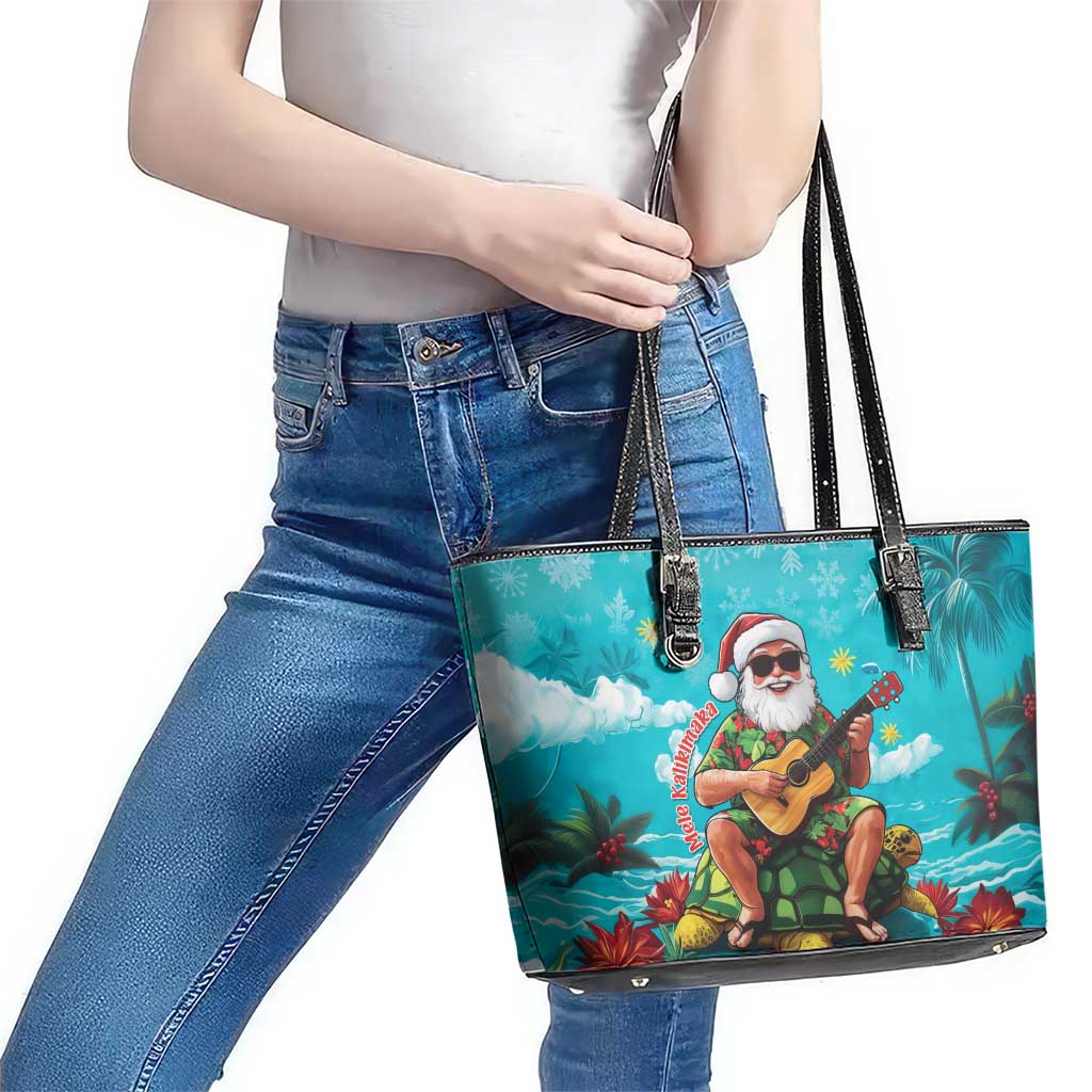 Hawaii Christmas Leather Tote Bag Mele Kalikimaka Poinsettia Lei - Cyan LT14 - Polynesian Pride