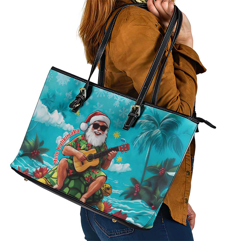 Hawaii Christmas Leather Tote Bag Mele Kalikimaka Poinsettia Lei - Cyan LT14 - Polynesian Pride