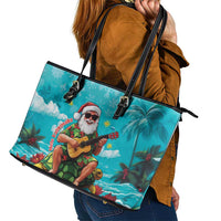 Hawaii Christmas Leather Tote Bag Mele Kalikimaka Poinsettia Lei - Cyan LT14 - Polynesian Pride