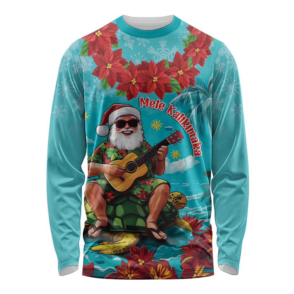Hawaii Christmas Long Sleeve Shirt Mele Kalikimaka Poinsettia Lei - Cyan LT14 Unisex Cyan - Polynesian Pride