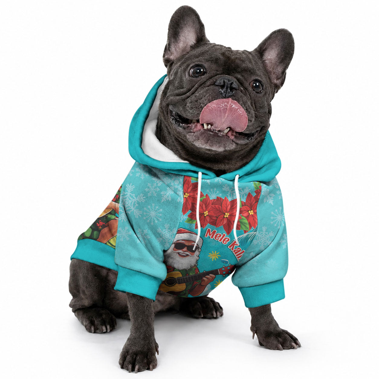 Hawaii Christmas Pet Hoodie Mele Kalikimaka Poinsettia Lei - Cyan