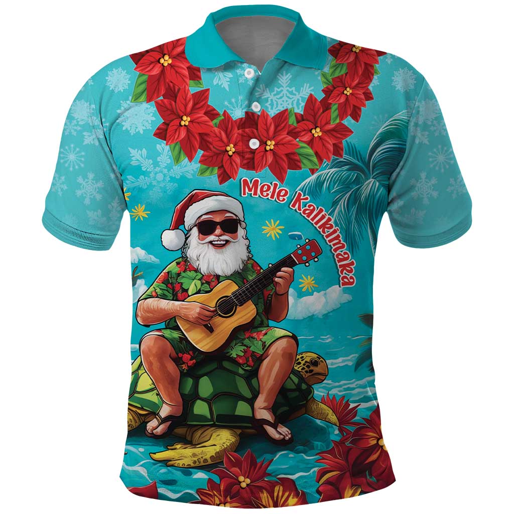 Hawaii Christmas Polo Shirt Mele Kalikimaka Poinsettia Lei - Cyan