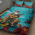 Hawaii Christmas Quilt Bed Set Mele Kalikimaka Poinsettia Lei - Cyan