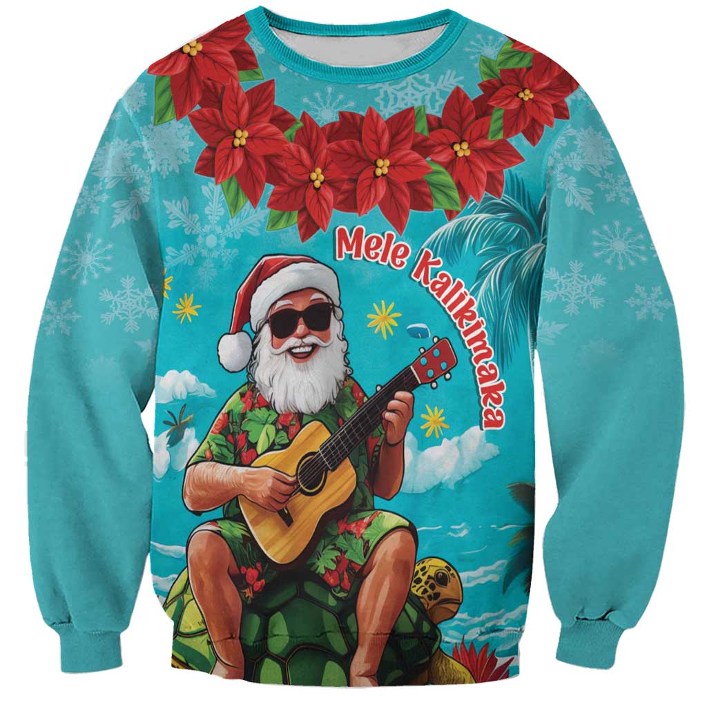 Hawaii Christmas Sweatshirt Mele Kalikimaka Poinsettia Lei - Cyan LT14 Unisex Cyan - Polynesian Pride