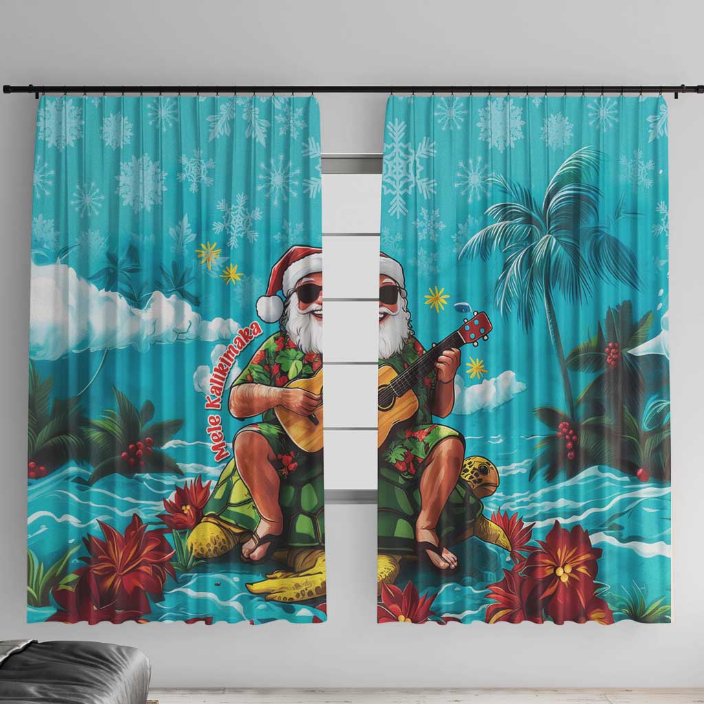 Hawaii Christmas Window Curtain Mele Kalikimaka Poinsettia Lei - Cyan LT14 With Hooks Cyan - Polynesian Pride