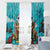 Hawaii Christmas Window Curtain Mele Kalikimaka Poinsettia Lei - Cyan