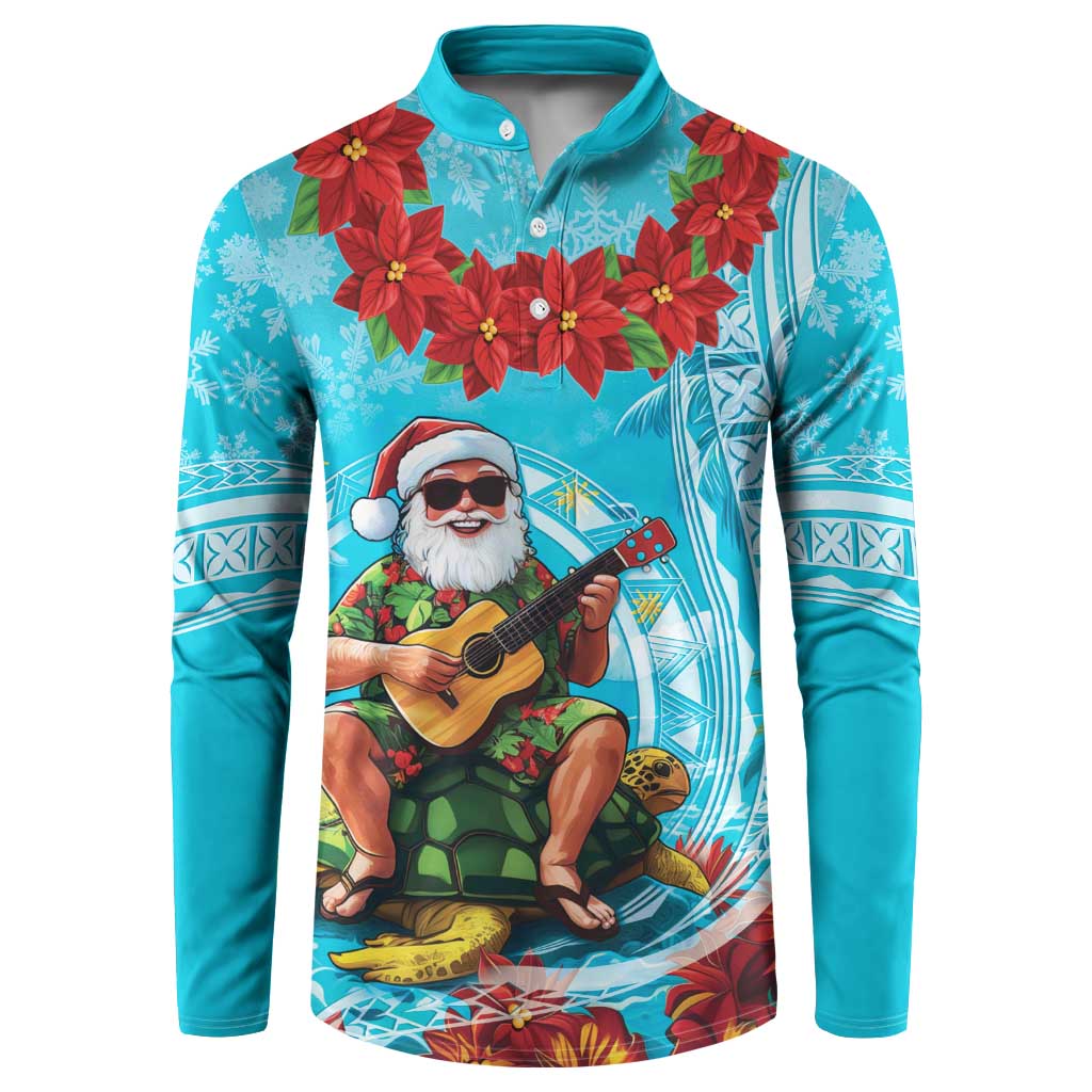 Hawaii Christmas Button Sweatshirt Mele Kalikimaka Poinsettia Lei Polynesian - Blue LT14 Blue - Polynesian Pride