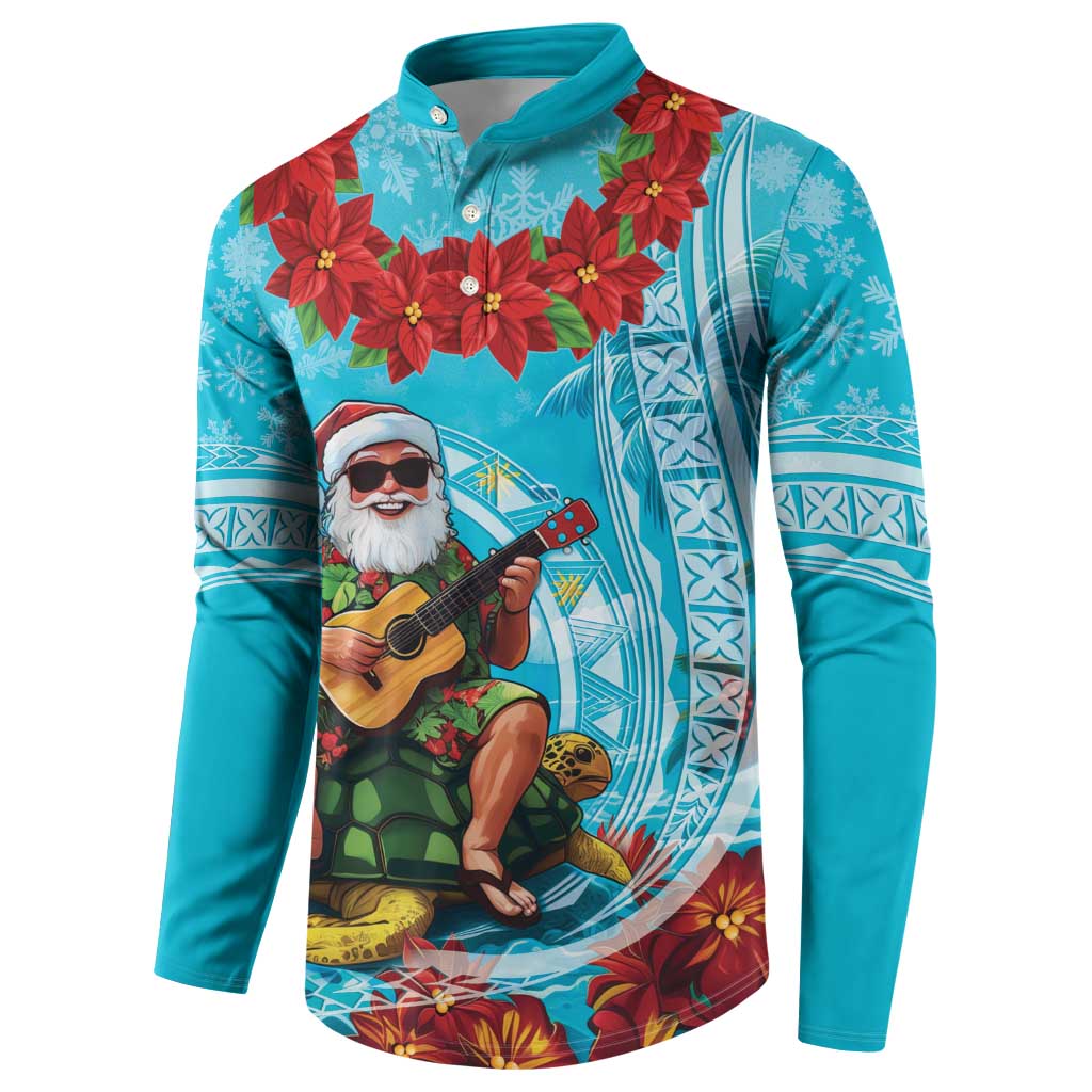 Hawaii Christmas Button Sweatshirt Mele Kalikimaka Poinsettia Lei Polynesian - Blue LT14 - Polynesian Pride