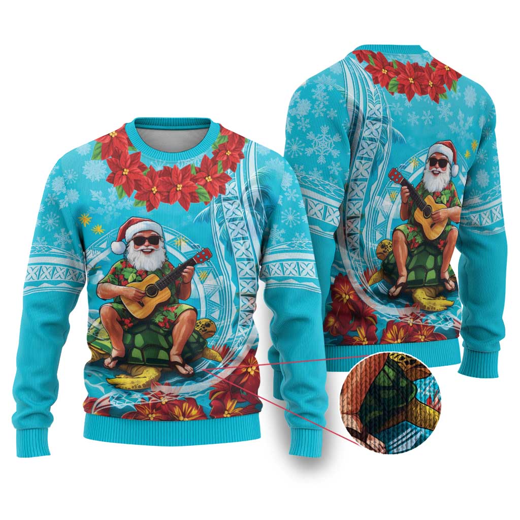 Hawaii Christmas Ugly Christmas Sweater Mele Kalikimaka Poinsettia Lei Polynesian - Blue LT14 Blue - Polynesian Pride