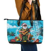 Hawaii Christmas Leather Tote Bag Mele Kalikimaka Poinsettia Lei Polynesian - Blue LT14 - Polynesian Pride