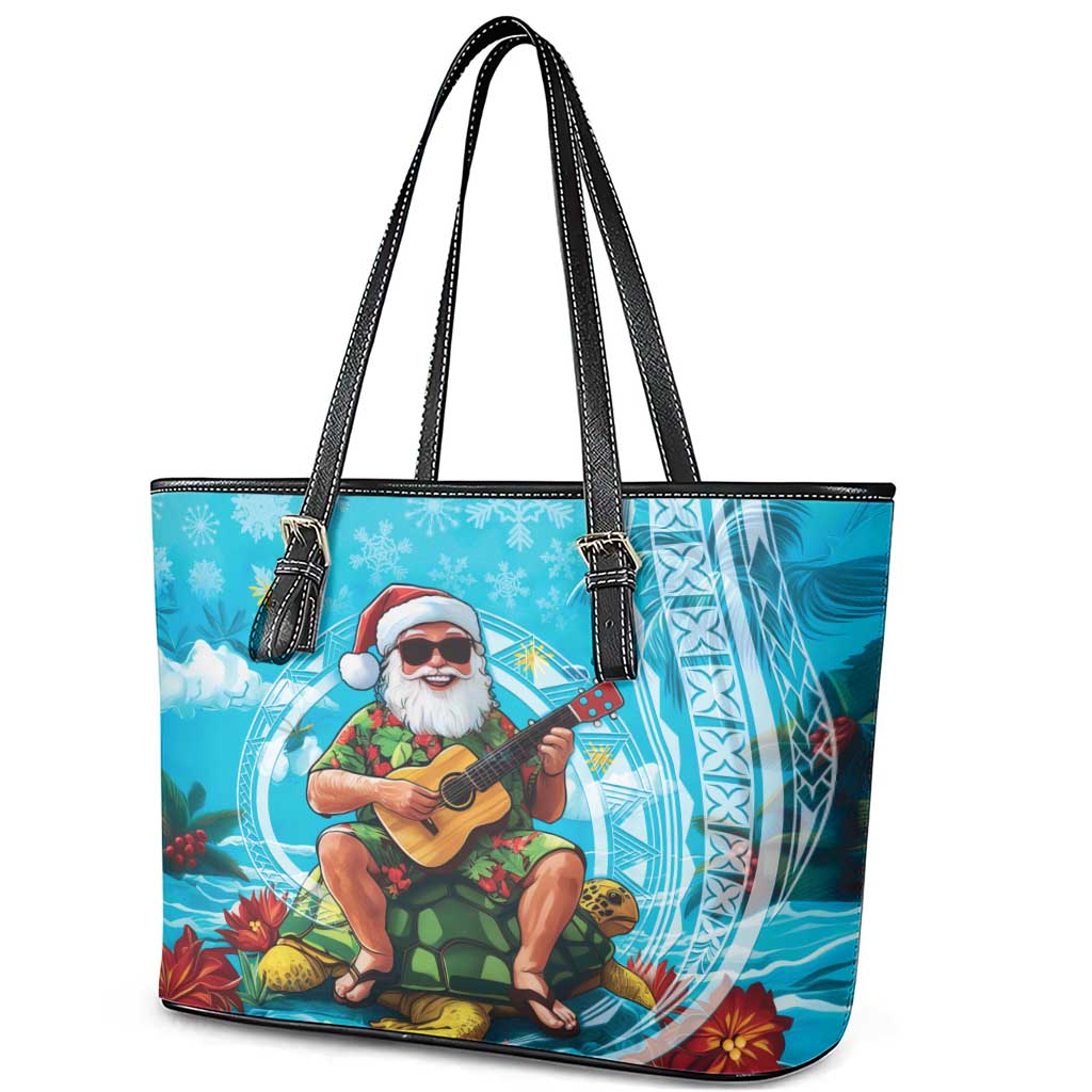 Hawaii Christmas Leather Tote Bag Mele Kalikimaka Poinsettia Lei Polynesian - Blue LT14 - Polynesian Pride