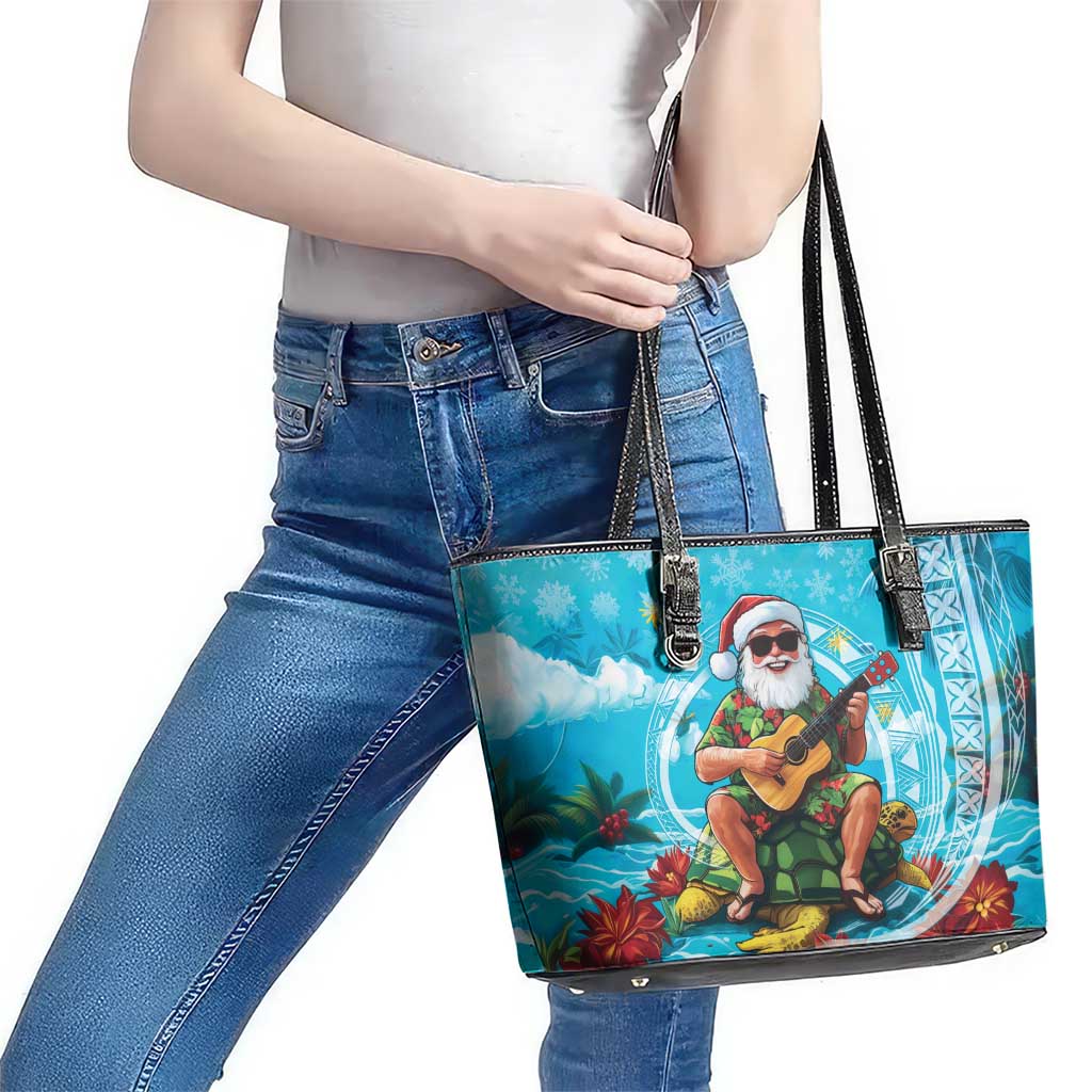 Hawaii Christmas Leather Tote Bag Mele Kalikimaka Poinsettia Lei Polynesian - Blue LT14 - Polynesian Pride