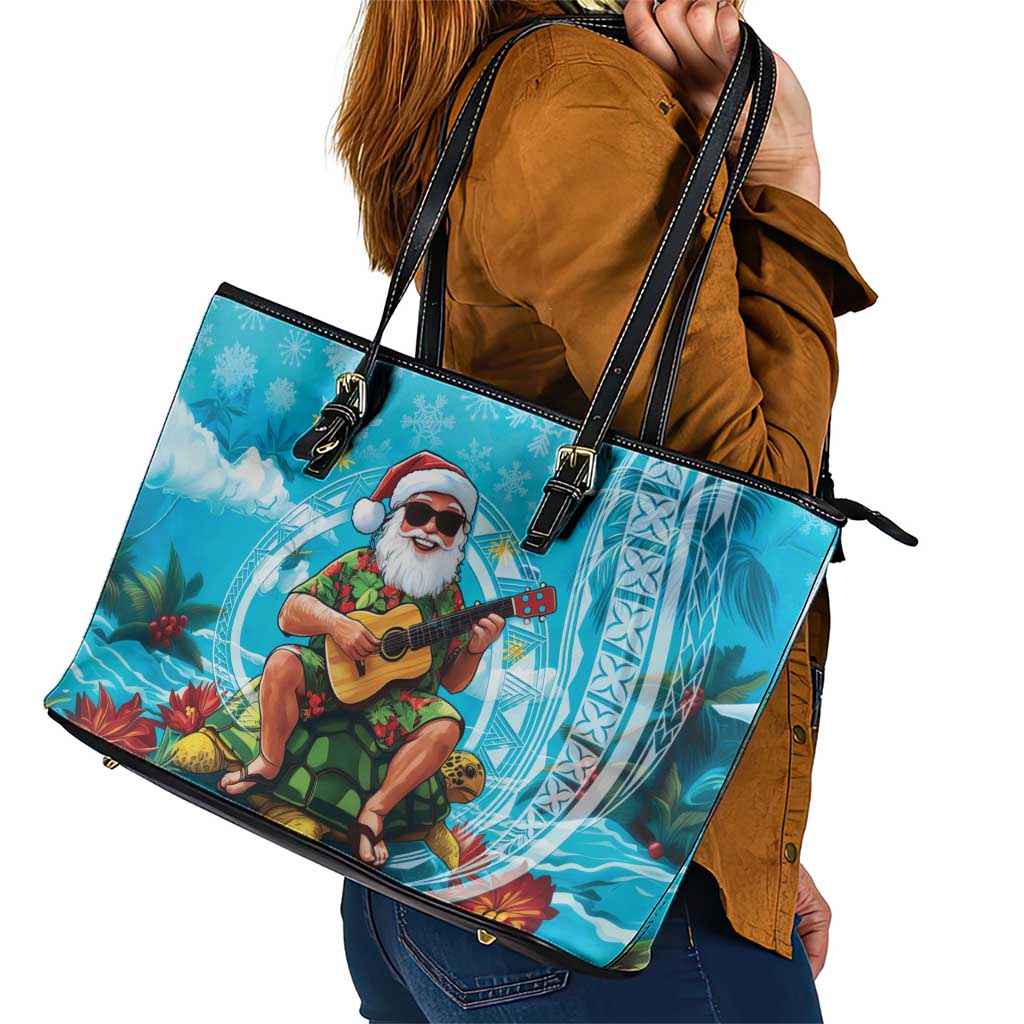 Hawaii Christmas Leather Tote Bag Mele Kalikimaka Poinsettia Lei Polynesian - Blue LT14 - Polynesian Pride
