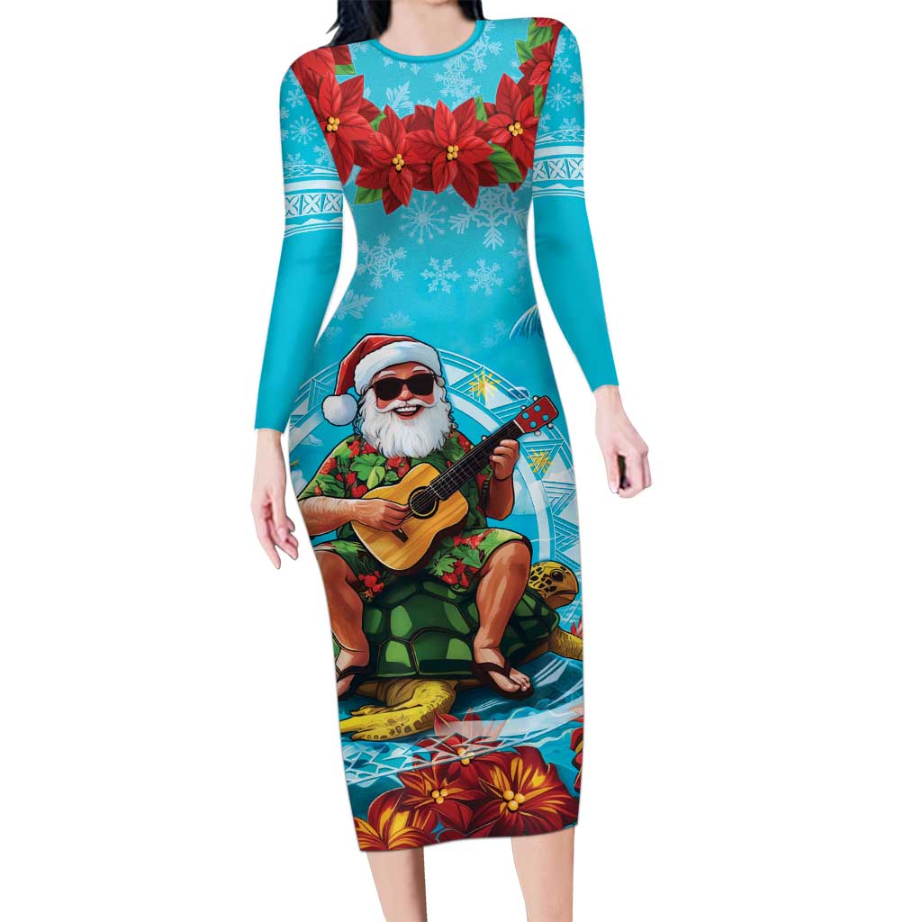 Hawaii Christmas Long Sleeve Bodycon Dress Mele Kalikimaka Poinsettia Lei Polynesian - Blue LT14 Long Dress Blue - Polynesian Pride